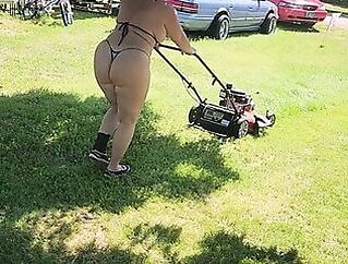 Got back to find wife mowing in a thong bikini, her ass and thighs jiggling with every step amateur blonde mature