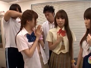 Sweet Japanese schoolgirls in wild cum filled orgy asian cumshot facial